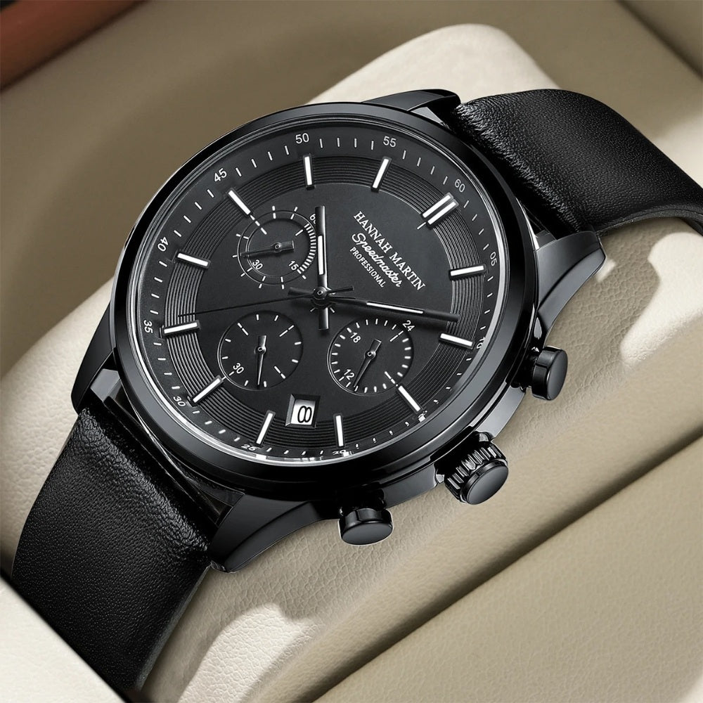 Men's Black Leather Watch - Luxemiro