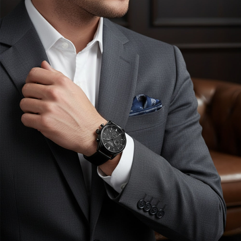 Men's Black Leather Watch - Luxemiro